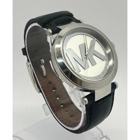 Michael Kors MK-2458 Silver Tone Logo Dial Black Leather Strap Mens Watch