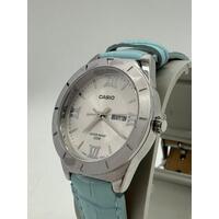 Casio Stainless Steel Case Genuine Blue Leather Band 50m WR Ladies Watch