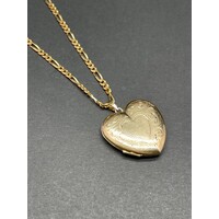 Ladies 9ct Yellow Figaro Link Necklace & Heart Locket Pendant (Pre-Owned)