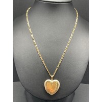 Ladies 9ct Yellow Figaro Link Necklace & Heart Locket Pendant (Pre-Owned)