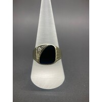 Men's 9ct Yellow Gold Black Gemstone and Diamond Ring