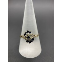 Ladies 9ct Yellow Gold Blue Gemstones and Diamonds Ring