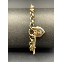 Ladies 9ct Yellow Gold Belcher Link Heart Clasp Bracelet