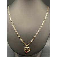 Ladies 9ct Yellow Gold Curb Link Necklace & Love Heart MUM Pendant