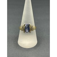 Ladies 9ct Yellow Gold Blue Gemstone and Diamond Chip Ring