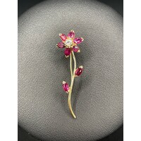 Ladies 14ct Yellow Gold Red Gemstones and Diamond Brooch