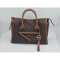 Michael Kors Carine Large Top Zip Logo Print Brown Satchel Handbag for Women