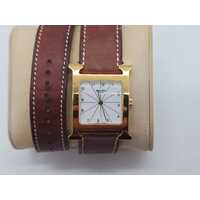 Hermes White Yellow Gold Stainless Steel Leather HH1.501 Medium Ladies Watch