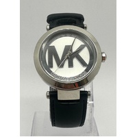 Michael Kors MK-2458 Silver Tone Logo Dial Black Leather Strap Mens Watch