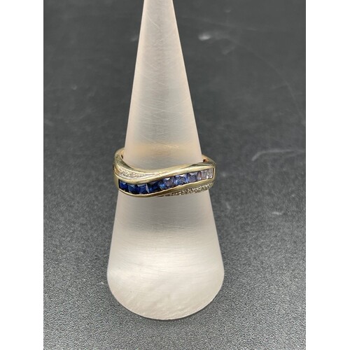 Ladies Solid 9ct Yellow Gold Blue Stones Diamond Ring Fine Jewellery Size UK P