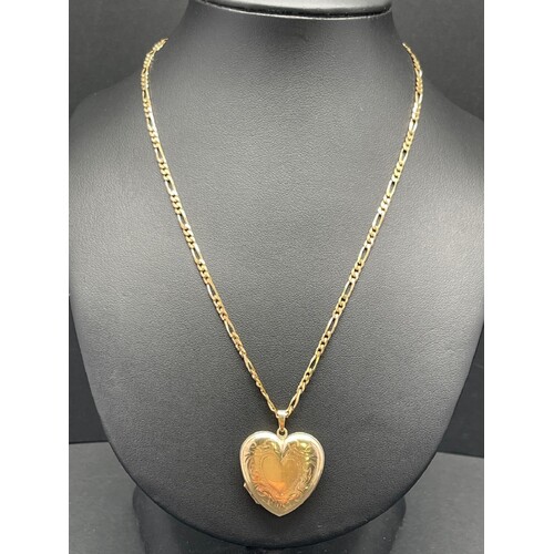 Ladies 9ct Yellow Figaro Link Necklace & Heart Locket Pendant (Pre-Owned)