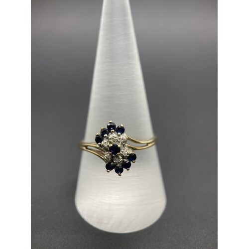 Ladies 9ct Yellow Gold Blue Gemstones and Diamonds Ring