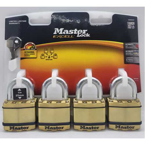 Master Lock Excell Laminated Padlock 50mm 4 Pack M5BQAU Tough Under Fire