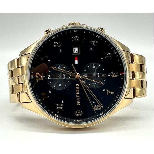 Tommy Hilfiger Men's Multifunction Watch Black Dial Yellow Gold Bracelet Quartz