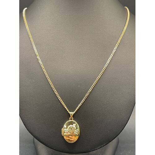 Ladies 9ct Yellow Gold Curb Link Necklace & Oval Angel Locket Pendant