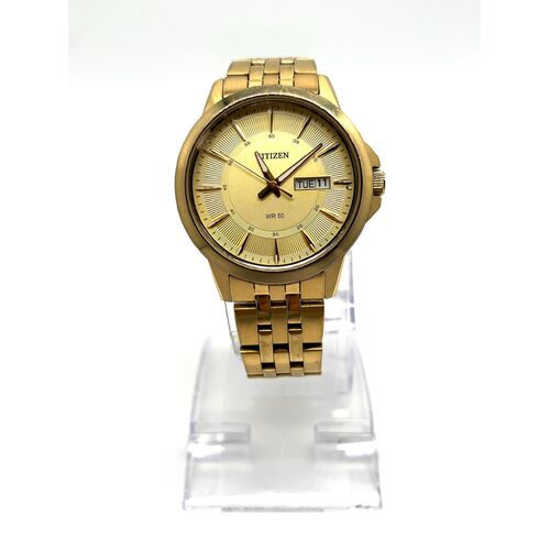 Citizen Men's Gold Dial Day Date Quartz Watch GN-4-S WR 5 Bar Stainless Steel