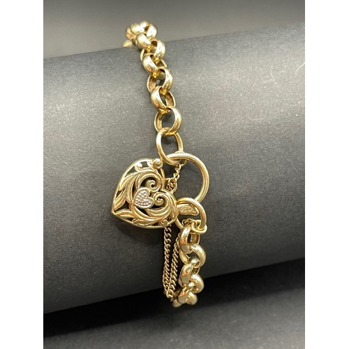 Ladies 9ct Yellow Gold Belcher Link Heart Clasp Bracelet