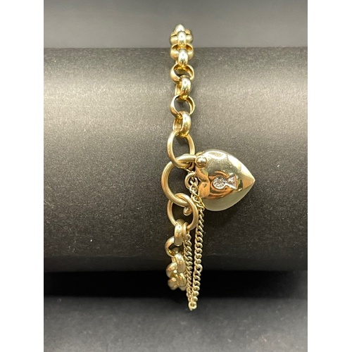 Ladies 9ct Yellow Gold Belcher Link Heart Clasp Bracelet