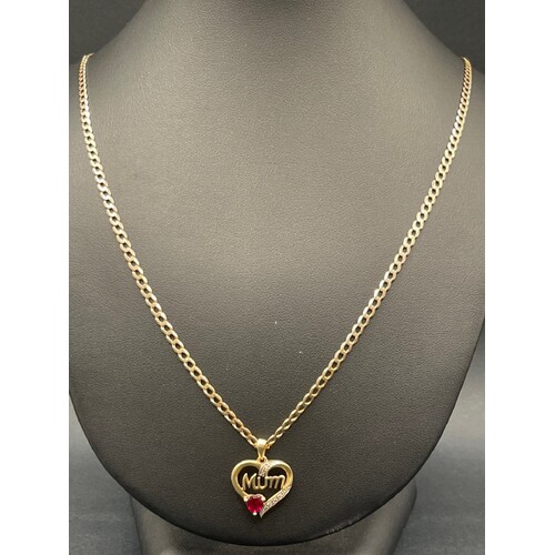 Ladies 9ct Yellow Gold Curb Link Necklace & Love Heart MUM Pendant