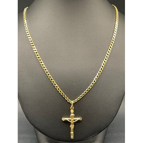 Unisex 10ct Yellow Gold Curb Link Necklace with Crucifix Pendant