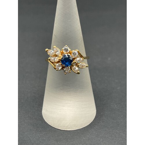 Ladies 18ct Yellow Gold Blue Gemstones and CZ Ring