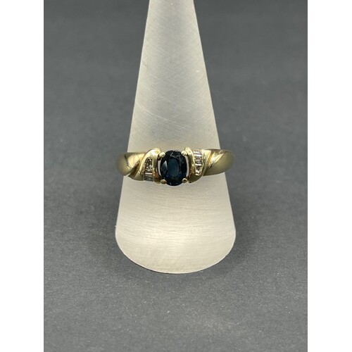 Ladies 9ct Yellow Gold Blue Gemstone and Diamond Ring