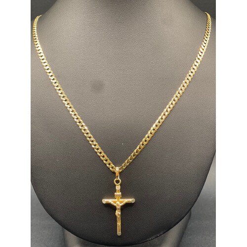 Unisex 14ct Yellow Gold Curb Link Necklace & Crucifix Pendant