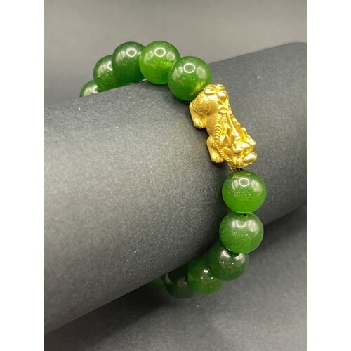 Unisex 21ct Yellow Gold Jade Stone Beaded Bracelet