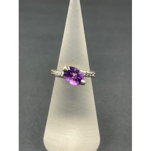 Ladies 14ct White Gold Purple Gemstones and CZ Ring