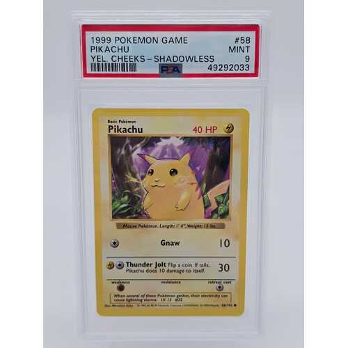 Pokémon TCG 1999 Pikachu Yellow Cheeks Shadowless #58 Graded PSA Mint 9