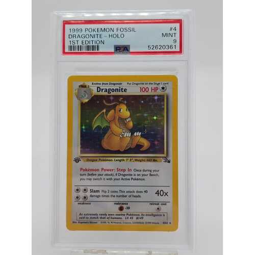 Pokémon TCG 1999 Fossil Dragonite 1st Edition Holo Card #4 PSA Mint 9