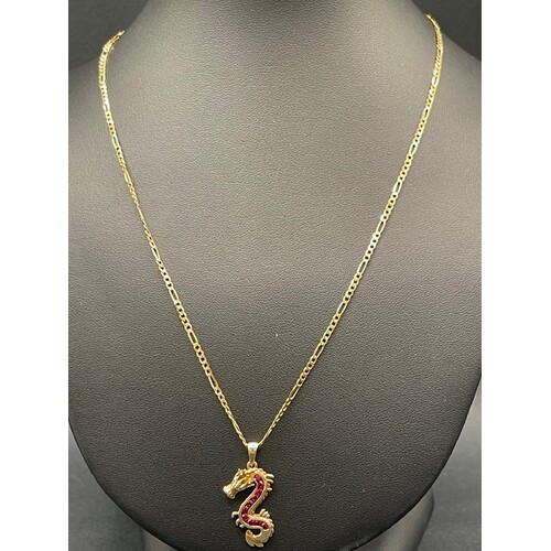 Unisex 9ct Yellow Gold Figaro Link Necklace & Dragon Pendant