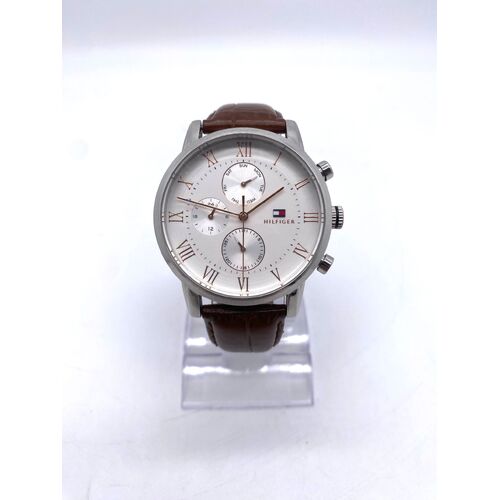 Tommy Hilfiger Unisex White Dial Brown Leather Watch Metal Face TH.329.1.14.2252