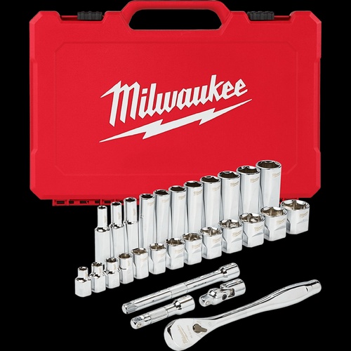 Milwaukee 48-22-9408 28 Piece 3/8 Inch SAE Ratchet and Sockets Four Flat Sides