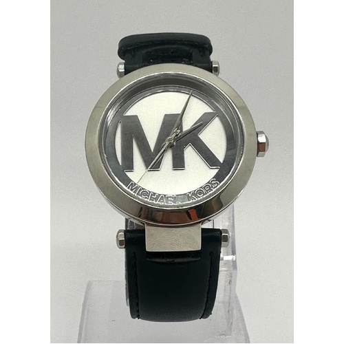 Michael Kors MK-2458 Silver Tone Logo Dial Black Leather Strap Mens Watch