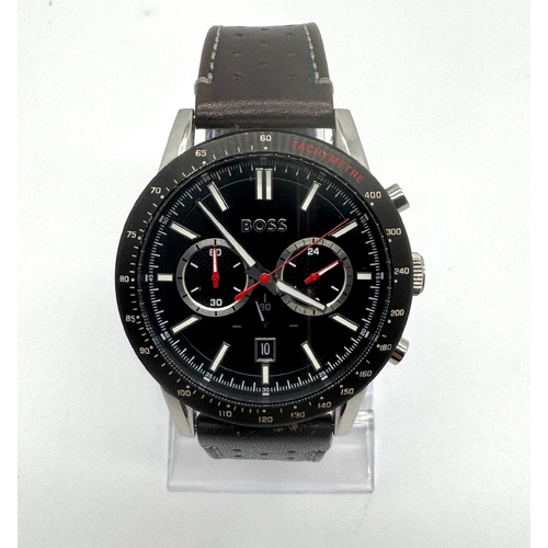 Boss Chronograph Tachymeter Black Dial Genuine Leather Strap Mens Quartz Watch