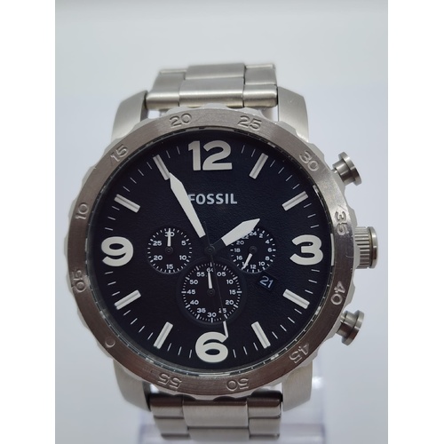 Fossil Nate Chronograph Silver Stainless Steel Oversized Mens Watch JR1353