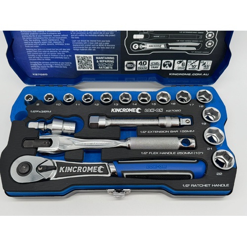 Kincrome K27020 Lok-On 1/2 Inch Drive 18 Piece Metric Ratchet Set