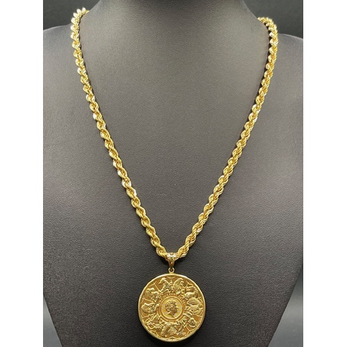 Unisex 18ct Yellow Gold Singapore Rope Twist Link Necklace & Round Coin Pendant