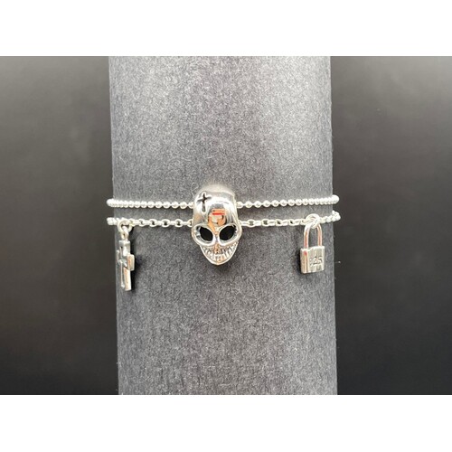 Unisex Sterling Silver Skull, Cross and Lock Charm Double Chain Bracelet (Brand New)