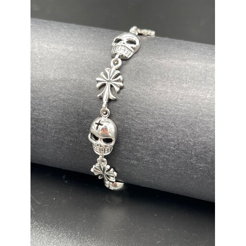 Unisex Sterling Silver Skull & Cross Bracelet (Brand New)