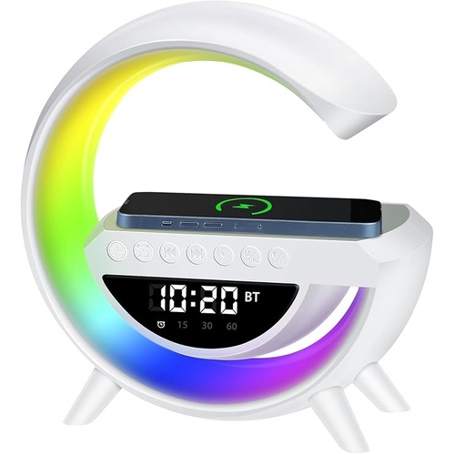 G shape LED Wireless Charger Bedside Clock & Night Lights Bluetooth Speaker NEW